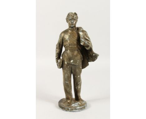 A RUSSIAN METAL FIGURE OF A YOUNG MAN carrying a book and cloak. 12ins high.