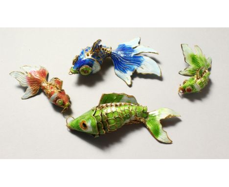 FOUR SILVER AND ENAMEL FLEXIBLE FISH.