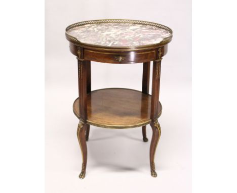 A GOOD 19TH CENTURY CIRCULAR TOP TWO-TIER TABLE, the top with brass grill and inset marble top, single drawer, shelf below, w