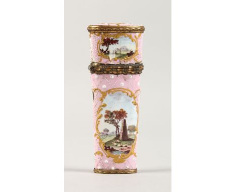A BATTERSEA ENAMEL ETUI (no fitments) painted with panels of landscapes. 3.5ins long.