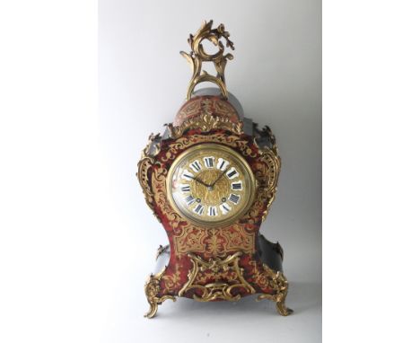 A GOOD LARGE 19TH CENTURY BOULLE MANTLE CLOCK, in an ebony case with brass inlay on tortoiseshell, with gilt metal mounts and