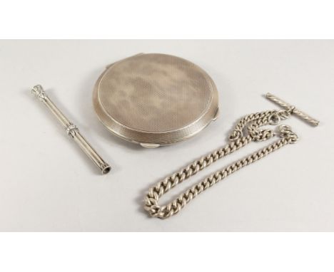 AN ENGINE TURNED SILVER COMPACT, PEN AND CHAIN.