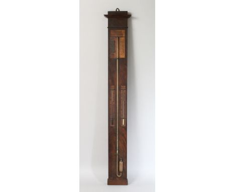 A 19TH CENTURY FRENCH MAHOGANY BAROMETER with three glass tubes, labelled Moreau. 42ins high.
