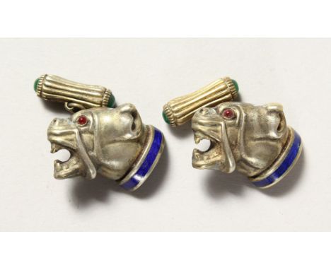 A PAIR OF RUSSIAN SILVER AND BLUE ENAMEL DOG'S HEAD CUFFLINKS.