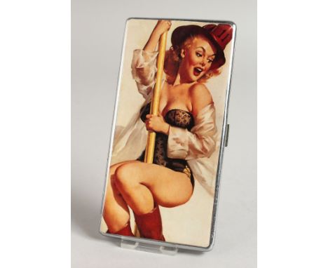 A METAL ENGINE TURNED CIGARETTE CASE, the top with a glamour model on a pole.