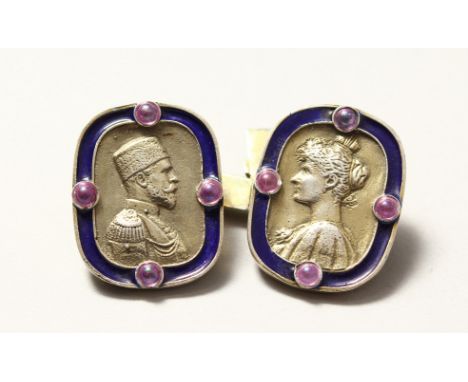 A PAIR OF RUSSIAN SILVER AND BLUE ENAMEL PORTRAIT BUST CUFFLINKS.