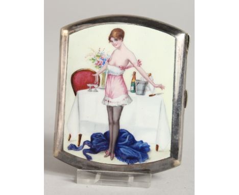 A METAL CIGARETTE CASE, the top with an enamel of a glamour model and champagne.