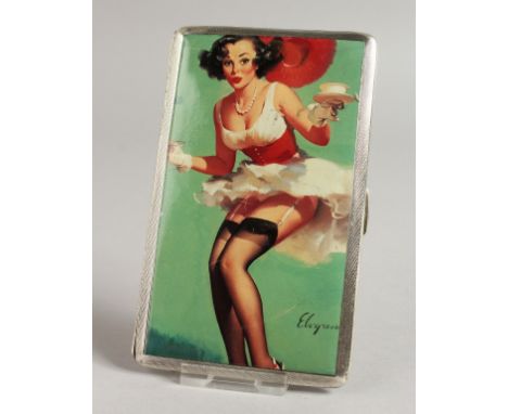 A METAL ENGINE TURNED CIGARETTE CASE, the top with a glamour model holding a cup and saucer, by GIL ELVGREN.