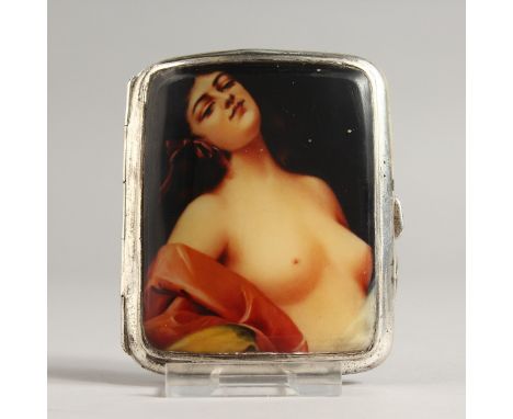 A GEORGE V ENGINE TURNED SILVER CIGARETTE CASE, the top with an enamel of a half-length nude. Birmingham 1928.