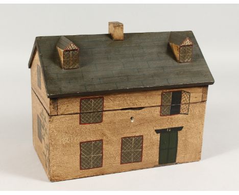 A PAINTED HOUSE TEA CADDY. 10ins wide.
