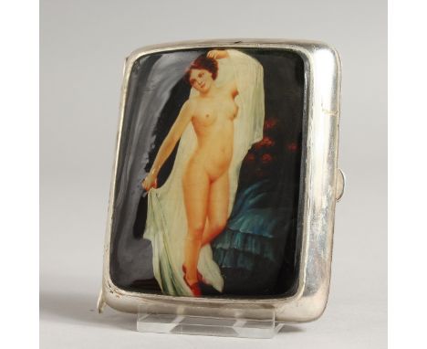A GEORGE V PLAIN SILVER CIGARETTE CASE, the top with an oval enamel of a full-length nude. Birmingham 1912.