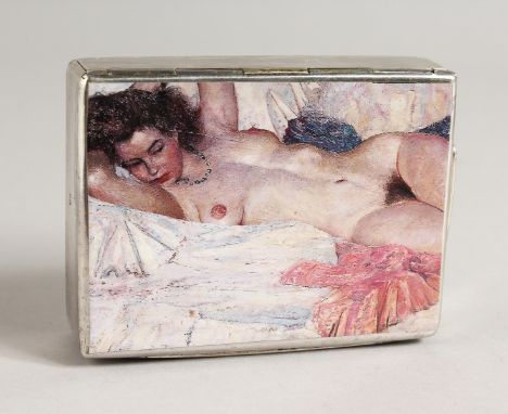 A SILVER PLATED HARROD'S METAL STAMP BOX, with folding top with enamel of a sleeping nude. 4ins x 3ins.