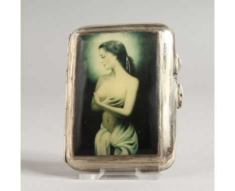 A GEORGE V ENGINE TURNED CIGARETTE CASE, the top with an enamel of a three-quarter length nude. Birmingham 1924.