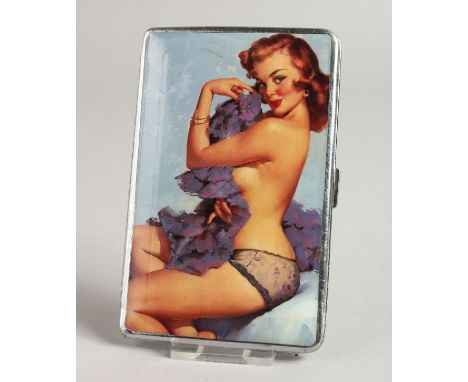 A METAL ENGINE TURNED CIGARETTE CASE. the top with a glamour model, semi-nude.