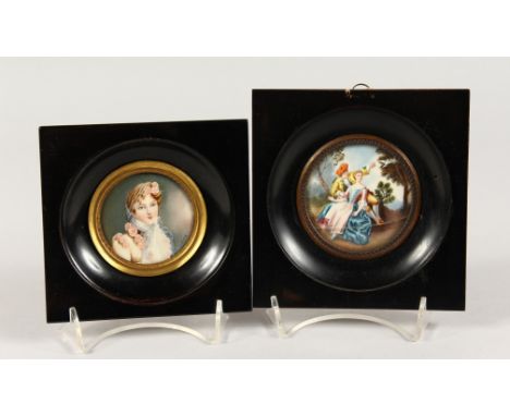 A PAIR OF FRAMED CIRCULAR MINIATURES, young lovers and portrait of a lady. 2.5ins diameter.