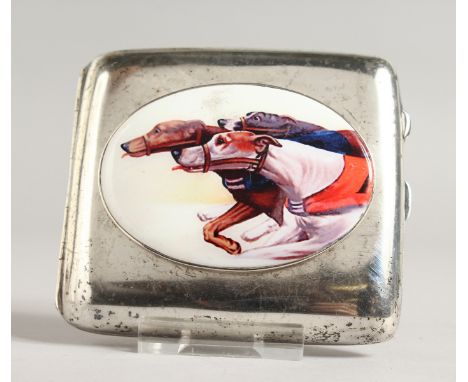 A GEORGE V PLAIN SILVER CIGARETTE CASE, the top with an enamel of two greyhound. Birmingham 1914.