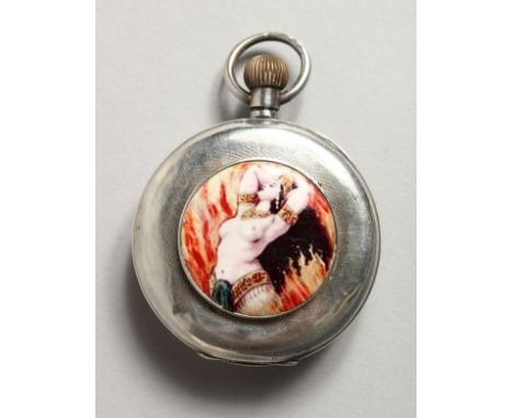 A PLAIN VICTORIAN SILVER POCKET WATCH, the top with an enamel nude.