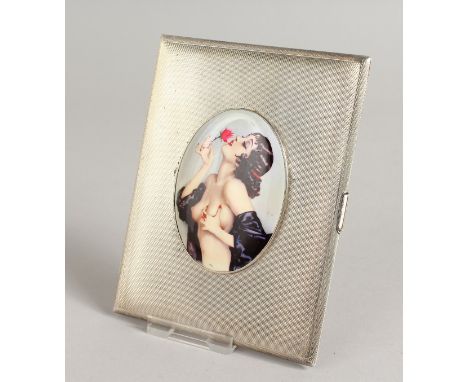 AN ELIZABETH II ENGINE TURNED SILVER CIGARETTE CASE, the top with an enamel of a semi-nude with a red rose. Birmingham 1952.