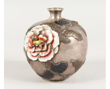 A JAPANESQUE SILVER AND ENAMEL BULBOUS VASE decorated with flowers and leaves in relief.