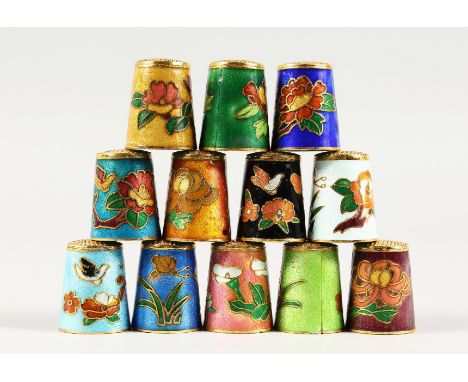 TWELVE VARIOUS CLOISONNE ENAMEL TUMBLERS.