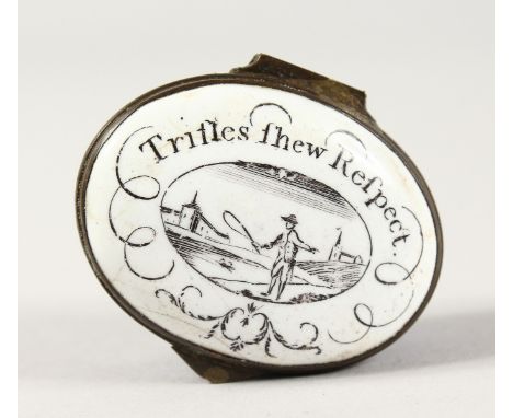 A BATTERSEA ENAMEL PATCH BOX, the top with a man fishing "Trifle Shew Respect". 1.5ins.