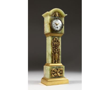 A SUPERB LOUIS XVI ONYX CASED MINIATURE LONGCASE CLOCK, with ormolu mounts, urns, etc., the movement with white enamel dial, 