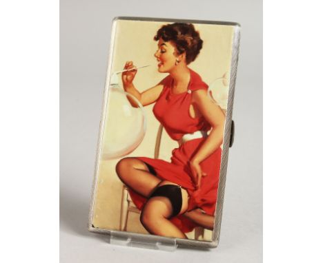 AN ELIZABETH II ENGINE TURNED SILVER CIGARETTE CASE, the top with an enamel of a glamour model blowing a balloon. Birmingham 