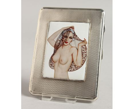 AN EDWARD VII ENGINE TURNED SILVER CIGARETTE CASE, the top with an enamel of a semi-nude. Birmingham 1941.