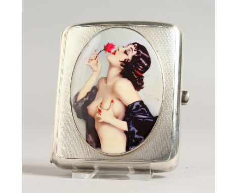 A GEORGE V ENGINE TURNED CIGARETTE CASE, the top with an oval enamel of a semi-nude with a rose. London 1922.