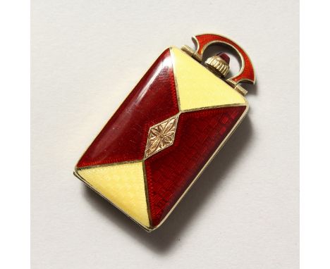 A 14K GOLD, RED AND YELLOW ENAMEL FOLDING FOB WATCH.