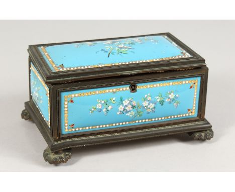 A 19TH CENTURY FRENCH BLUE ENAMEL JEWELLERY BOX, blue ground painted with flowers. 6.5ins long.