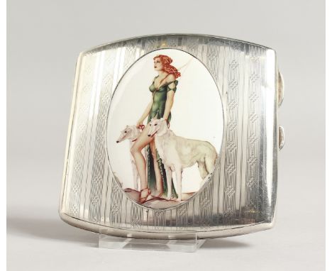 A GEORGE V ENGINE TURNED SILVER CIGARETTE CASE, the top with an enamel of Diana and hound. Birmingham 1922.