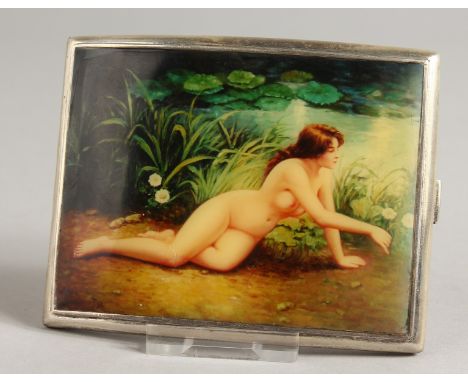 A GEORGE V ENGINE TURNED SILVER CIGARETTE CASE, the top with a nude in a garden. Birmingham 1929.
