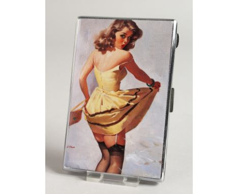 A METAL ENGINE TURNED CIGARETTE CASE, the top with a glamour model, windy day.