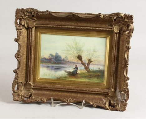 AN ENGLISH PORCELAIN PLAQUE painted with a young woman in a boat with a church in the distance by Ex-Royal Worcester artist A