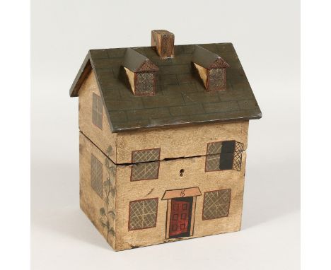 A PAINTED HOUSE TEA CADDY. 6.5ins wide.