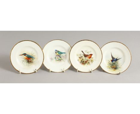 FOUR ROYAL WORCESTER PLATES, painted with named birds by Wm. Powell, signed W. Powell.