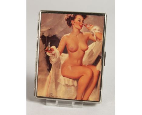 A METAL ENGINE TURNED CIGARETTE CASE. the top with a glamour model, seated nude.