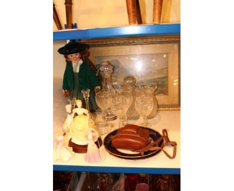 Three Coalport figures, decanter and glassware, schoolgirl doll, print, etc
