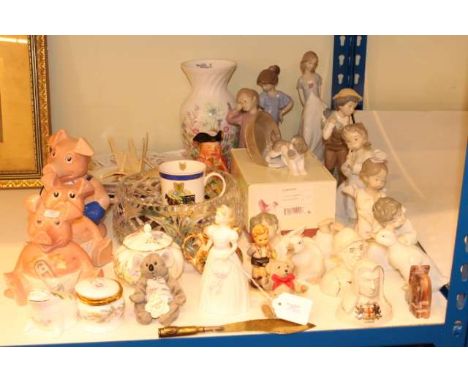 Nao figures and animals, four Lladro angels, three Wade Natwest pigs, Doulton figure, Aynsley, Crested china, etc