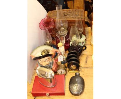 Victorian glass oil lamps, antique glass, Doulton Happy Joy figure and character jug, carved box, caddy, spirit flask, coin s