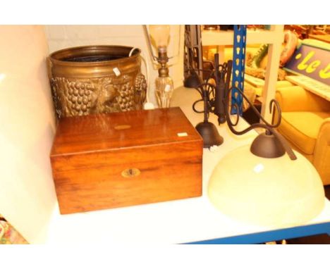 Victorian mahogany box, billiard table light, two circular folding tables, glass table lamp and brass jardiniere