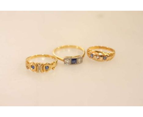 Three 18ct gold, sapphire and diamond rings, gross 7 grams