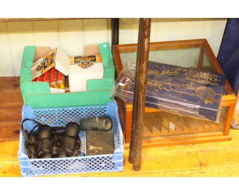 Table top display, binoculars and camera, oil and snooker ball set