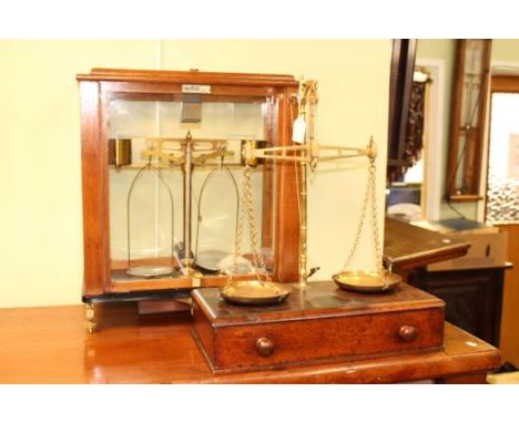 Oertling Ltd cased set of balance scales and brass and mahogany based balance scales with weights