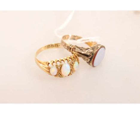 18ct gold, opal and diamond ring; and an agate ring (2)