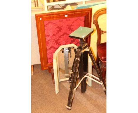 Mahogany and chequer inlaid firescreen, triple dressing mirror and adjustable tripod (3)