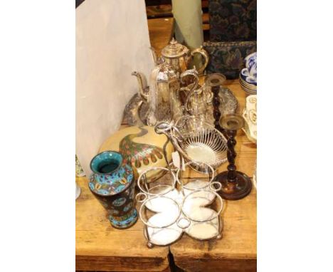 Ornate silver plate tray, coffee pots, basket, decanter stand, cloisonne vase, peacock box, candlesticks, etc