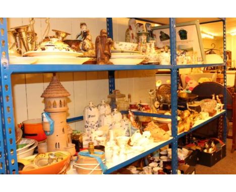 Sweet scales, gilt metal wall lights, collection of Wedgwood Kutani Crane, figurines, vases, Mamod engine, etc