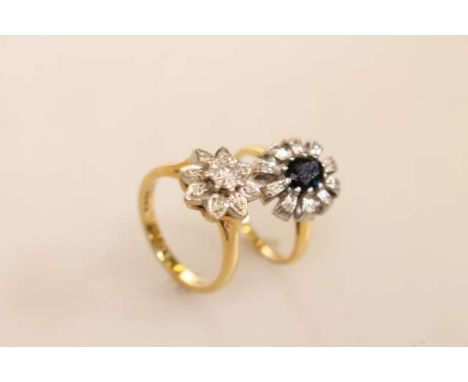 18ct gold and diamond cluster flowerhead ring; and an 18ct gold, sapphire and diamond ring (2), gross 9 grams